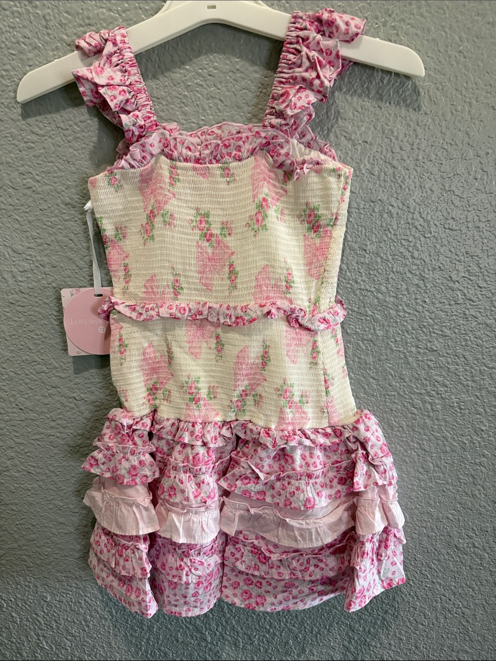 Love Shack Fancy Girls' Pink Ruffled Floral Tiered Dress size 7 - Picture 4 of 5